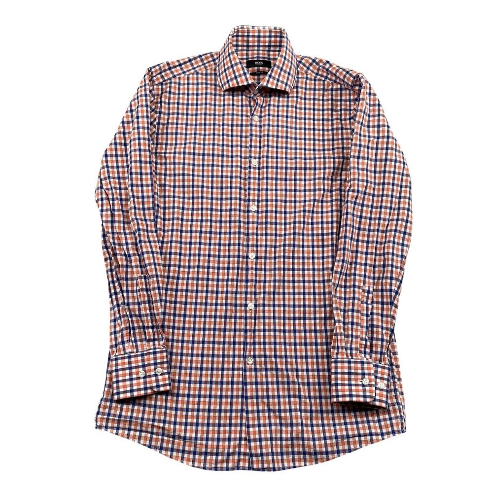 Hugo Boss Dress Shirt Mens 15.5 32 / 33 Red‎ Blue Plaid Sharp Fit Spread Collar
